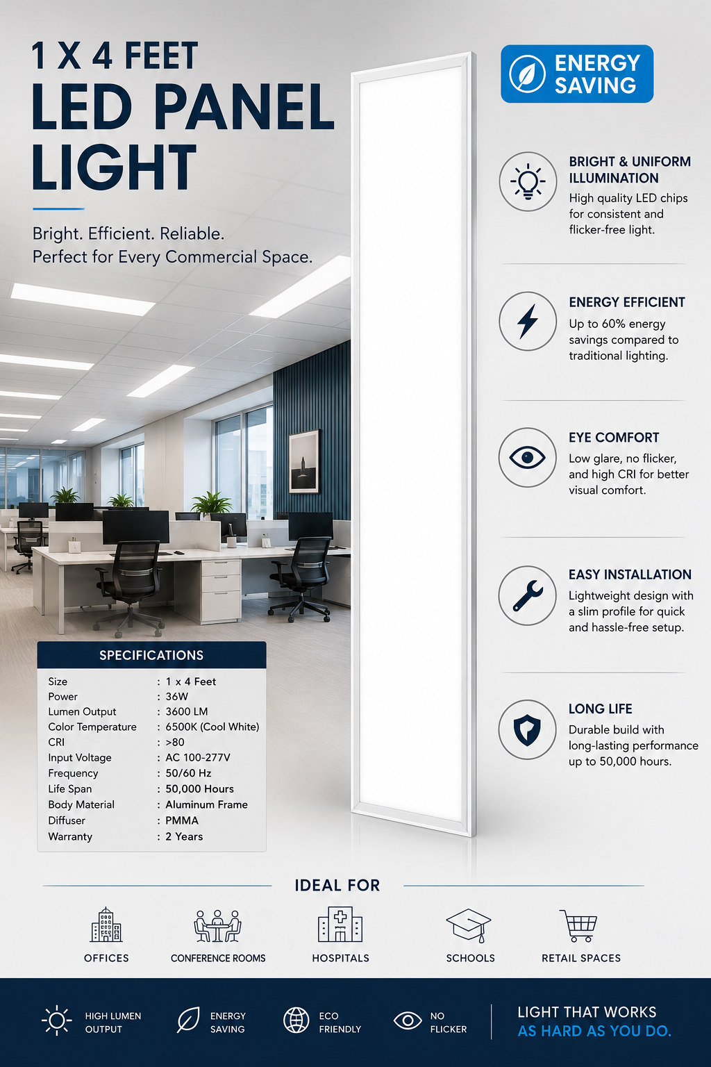 1 X 4 Feet Commercial Led Panel Light